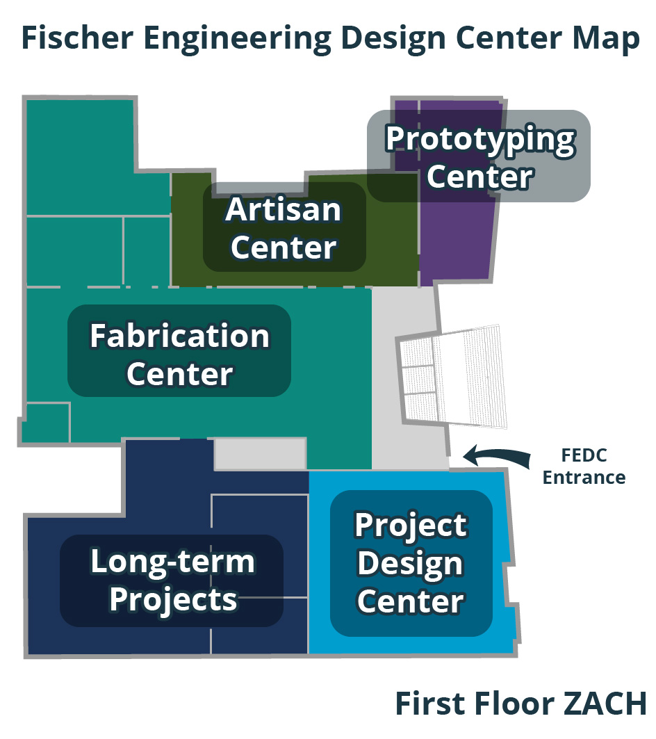 FEDC area map including the Artisan Center, Prototyping Center, Fabrication Center, Long-term Projects Area, and Project Design Center