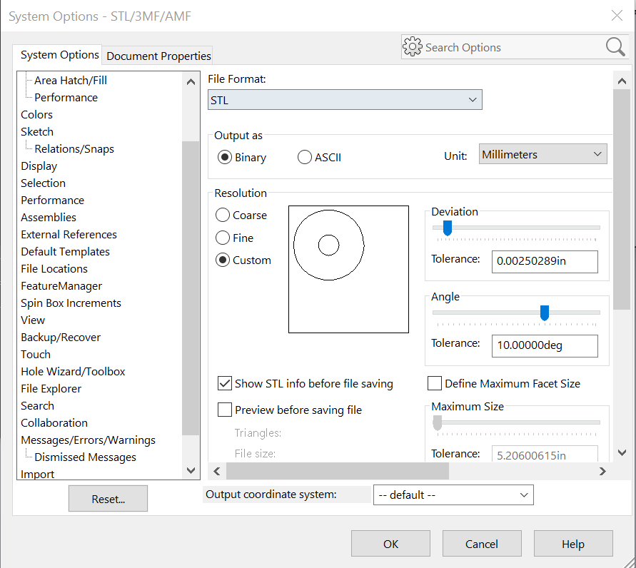 SolidWorks STL settings showing Binary and millimeter configuration. 